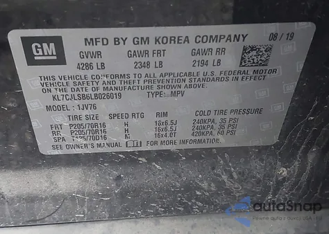 2020 Chevrolet Trax Fwd Lt z USA, uszkodzony, nr VIN KL7CJLSB6LB026019